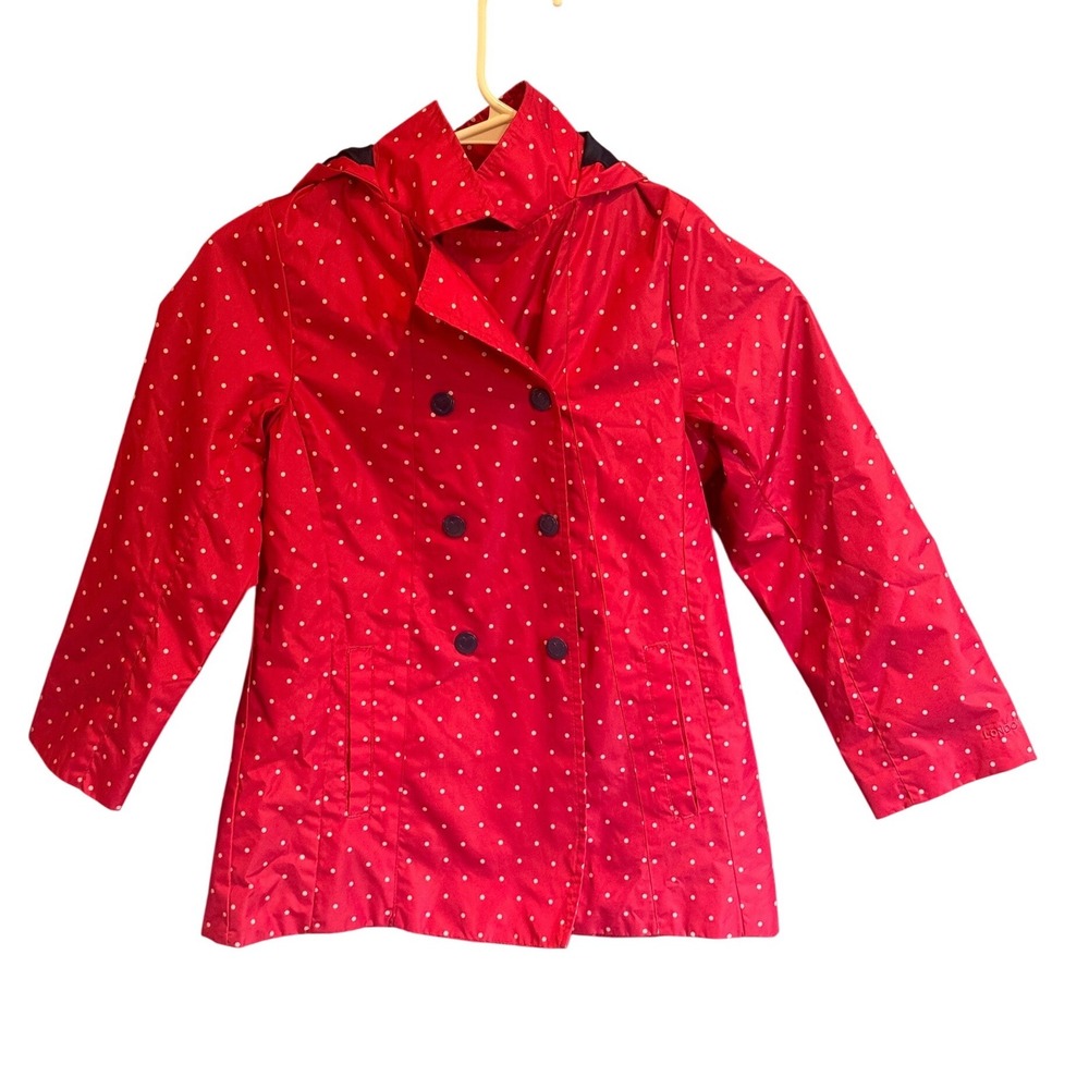 London Fog Girls Pink Polka Dot Hooded Trench Coat Heart Buttons Size 6X L1169